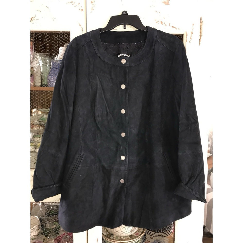 Woman Black Suede Gerry Weber Jacket Snap Closure Silver Hardware Crew Neck